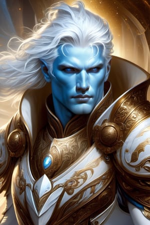 1man, air genasi character, blue skin, brown gold eyes, intense gaze, heavy armor, glitter, white silvery hair, fine lines, ornate, aetherpunk, detailed setting, realistic anatomy, hyperreal, stunning, mystical, high contrast. Action, energy, flowing movement, sharp focus, intense eyes, (Masterpiece, epic, best quality:1.2), 16k,AirGenasiSW24,Decora_SWstyle,more detail XL