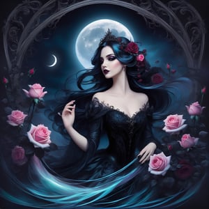 Gothic fairytale, paint flow, elegant, haloed by the moon, roses, swirling lines, Decora_SWstyle
