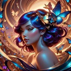 ((Showcase ever-shifting, lustrous hues that dance across surfaces, capturing the enchantment and magic of iridescent textures)), a painting of a woman with butterflies in her hair, digital art, inspired by WLOP, digital art, martin ansin, 8k resolution digital painting, detailed painting 4 k, nft art, digital art of an elegant, cute detailed digital art, trending on artstration, lei min, butterfly, illustrated d1p5comp_style,d1p5comp_style
