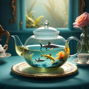 ((Ashraful Arefin tiny animal photography)), showcase a very small swimming sharks inside a glass teapot. Realistic manatees. Micro size animals. Cute sunny day. warm colors. Detailed by thomas kinkade, joel rea, surrealist digital rendering of a cute grotesque glassresin teapot and teacup full of sharks, amidst a baroque-inspired pastel scene, swirling vortexes, incorporeal, luminous, saccharine, bold tonal contrasts, color harmony, dramatically lit, volumetric proportions, ultra detailed, playfully characterized, 3D. Weirdfiction cafe tea party
