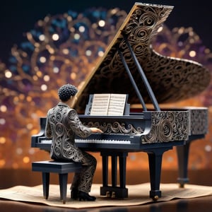 Create a detailed 3d render of a piano player made from paper-sheet-music, elaborate faircore artmosphere, bokeh, HDR, beautifully shot, hyperrealistic, sharp focus, 64 megapixels, perfect composition, high contrast, cinematic, atmospheric, moody, abstract vector fractal, wave function, Zentangle, 3d shading