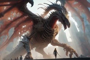 "Dark romance fantasy, close up of a woman with sword wearing dragon bone armor standing above a city, an army looking up at her, embers", bones, ribcage style armor, eldritch, dracolich-like armor, wavy golden dark blonde hair, Masterpiece, Intricate, Insanely Detailed, Art by lois van baarle, todd lockwood, chris rallis, anna dittmann, Kim Jung Gi, Gregory Crewdson, Yoji Shinkawa, Guy Denning, smooth, natural Chiaroscuro, subsurface scattering vfx, actionpainting, best quality, smooth finish, masterpiece,DracolichXL24,art_booster,LegendDarkFantasy,ellafreya,renny the insta girl,real_booster