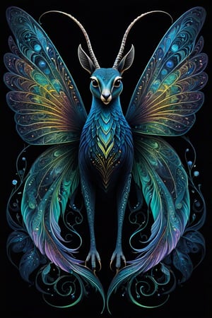 In a mesmerizing concept art piece, a majestic, endangered creature of enchantment comes to life. Through intricate line art, a mythical bioluminescent species is portrayed, its delicate and luminous features captured in stunning detail. The exquisite painting showcases a harmonious blend of vibrant hues and delicate tracery, illuminating the intricate patterns that adorn the creature's iridescent wings. Its large, soulful eyes glow with a captivating otherworldly radiance, accentuated by its velvety midnight-black fur that seems to absorb and reflect light simultaneously. This extraordinary image invites viewers to witness the ethereal beauty of this rare species, subtly hinting at the urgency to protect and preserve such magical wonders of the natural world.