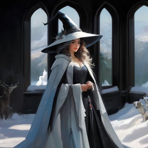 ((Ultra-detailed)) portrait of a beautiful witchgirl \(inkycapwitchyhat\),detailed exquisite face,hourglass figure,model body,playful smirks,(sitting with her knees up at a winter widow looking out into snow:1.2),(witchy hat:1.2),(dreamy opalescent snow)
BREAK
(backdrop:Documentary photograph of a warm indoor windowseat, looking out at a magnificent ice castle and snowy landscape on the other side of the crystalline glass)
BREAK
Ultra-Detailed,(sharp focus,high contrast:1.2),8K,trending on artstation,cinematic lighting,by Karol Bak,Alessandro Pautasso and alberto seveso, Hayao Miyazaki, todd lockwood, sabbas apterus and yoshitska amano, magali villeneuve, rob gonsalves winter art, inkycapwitchyhat,photo_b00ster,real_booster,w1nter res0rt