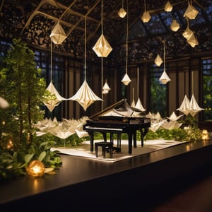 A paper-sheet-music piano player crafted from intricate origami folds, amidst a whimsical fairytale atmosphere. The scene is set in a dimly lit, ornate conservatory with lush greenery and delicate chandeliers.

The origami musician's fingers dance across the piano keys, as if conducting an ethereal melody. The paper sheets flutter like wispy clouds around them, infused with a soft, warm light. A subtle bokeh effect surrounds the subject, with intricate details of the music sheets visible in the blurred background.

The 64-megapixel render captures every delicate fold and crease on the origami figure's face, hands, and clothing. High contrast enhances the dramatic lighting, casting long shadows across the room. Cinematic in its composition, the image is balanced by the play of light and dark.

In the distance, an abstract vector fractal unfolds like a celestial tapestry, echoing the intricate patterns found in Zentangle art. The wave function of reality seems to bend, as if the origami musician has woven a sonic spell that transcends dimensions.

The 3D shading on the origami figure appears almost tactile, with subtle creases and folds giving depth to their delicate features. The overall effect is hyperrealistic, drawing the viewer into this enchanting, dreamlike atmosphere.