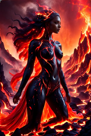 Dark fantasy surrealism :: ominous Inhuman Goddess made of molten lava :: cracks in the skin revealing a fiery glow, it looks rough and uneven, hard and brittle, her body is made of black rock with glowing red cracks :: her hair is like a stream of liquid lava, flowing down the back and dripping to the ground , molten_liquid_lava_hair dripping down :: she is crouching on a rocky surface, emerging from a volcanic eruption ::  rocky landscape with a fiery sky, lava flows and smoke, warm colors :: fiery and intense mood, dark and ominous mood :: lit from below, creating a sense of drama and intensity, illuminated by the fire and the smoke :: dynamic and powerful composition, imposing :: high level of detail, focus on the figure, background out of focus, epic dof :: fantasy art, gothic art, cgsociety :: lava and fire goddess made of black rock and flames,Decora_SWstyle,ral-lava