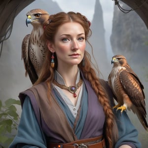 A fantasy character concept portrait of a human wizard woman with pale complexion, subtle freckles, mousy brown messy long hair pulled back in a low messy bun, ((face reminiscent of  Jane Seymour)), clever grey eyes, skeptical annoyed condescending expression, worn and layered traveling wizard clothing in earthy colors adorned with various colorful magical trinkets, a spellbook and potion vials attached to her belt, and a magical red-tailed hawk perched on her shoulder. The background is detailed, with a captivating composition and color, blending fantasy and realism 