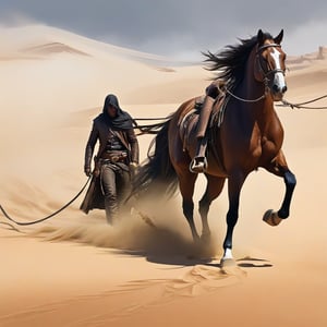 Action painting,  concept art, a figure walking through the desert, dragging an empty horse bridle through the sand, abandoned lone outlaw, wild west, a distant sandstorm,, epic  scene, textured brushwork, speedpaint, sparth, henrik sahlstrom, impact, nature's fury, dangerous sandstorm, sand particles