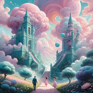 Pastel color palette, bathed in dreamy soft pastel hues || Bold illustration, digital artwork of a couple walking hand in hand in a cloud maze. background with swirling lines and decorative elements. Storybook illustration inspired, charlie bowater and Gediminas Pranckevicius and victo ngai, surreal fantasy illustration, realistic proportions, complex composition, linework, decorative elements, vector painting, highly detailed, digital illustration, artstation, beautiful, wholesome, nostalgia, high quality, cotton-candy-colors || impossible dream, pastelpunk aesthetic fantasycore art, beautiful soft pastel colors