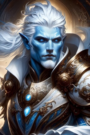 1man, air genasi character, blue skin, heavy armor, glitter, white silvery hair, fine lines, ornate, aetherpunk, detailed setting, realistic anatomy, hyperreal, stunning, mystical, high contrast. Action, energy, flowing movement, sharp focus, intense eyes, (Masterpiece, epic, best quality:1.2), 16k,AirGenasiSW24,Decora_SWstyle,more detail XL