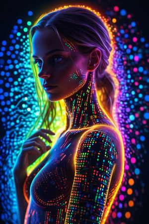 ((Ultra Long Exposure Photography)) high quality, highly detailed, Colorful beautiful ai model 30yo woman portrait complex silhouette neon dots, beautiful silhouette, Electronic devices in the background, high detailed, portrait of an ai, serene and contemplative mood, volumetric and dynamic lighting. Reflections and depth. Hyperrealistic photorealistic hyperdetailed maximalist masterpiece