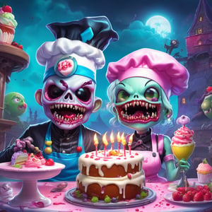 Pastel, a couple of kawaii zombies that are standing in front of a cake, mobile game background, cookbook photo, the artist has used bright, lich, fortnite skin, chef hat, adorable horrorcore cartoon, official art, dead and alive, cook, 2. 5 d illustration, pastel poster art by Martina Krupičková, ESAO, Chris LaBrooy, Ron English, Jean-Pierre Norblin de La Gourdaine, shock art, pop surrealism, fantasy art, lowbrow, artstation, behance contest winner, featured on deviantart, cake art, baking artwork, amazing illustration, game promo art
