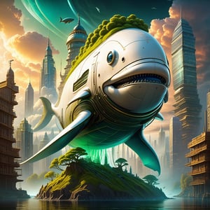 cute giant white robot whale with moss growing on it, floating cloud clear sky, building,futuristic  city view, amazing, glowing, fantasy, something that even doesn't exist, mythical being, sf, intricate artwork masterpiece, ominous, matte painting movie poster, golden ratio, trending on cgsociety, intricate, epic, trending on artstation, by artgerm, h. r. giger and beksinski, highly detailed, vibrant, production cinematic character render, ultra high quality model