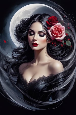 Gothic fairytale, paint flow, elegant, haloed by the moon, roses, swirling lines, abstraction, conceptual, realistic face, beautiful,d1p5comp_style