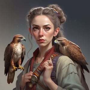 A fantasy character concept portrait of a human wizard woman with pale complexion, subtle freckles, mousy brown messy long hair pulled back in a low messy bun, ((face reminiscent of  rita moreno)), clever grey eyes, skeptical annoyed condescending expression, worn and layered traveling wizard clothing in earthy colors adorned with various colorful magical trinkets, a spellbook and potion vials attached to her belt, and a magical red-tailed hawk perched on her shoulder. The background is detailed, with a captivating composition and color, blending fantasy and realism 