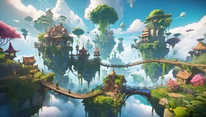 4d spring-themed gaming landscape, skybridges over clouds, islands surrounded by trees, concept art, by Mike "Beeple" Winkelmann, lush plant and magical details, beeple and jeremiah ketner, hanging gardens, video game screenshot>, beautiful render of a fairytale, spellbreak, a bustling magical town, ultra wide gameplay screenshot, floating lands in-clouds, cute detailed digital art, (Game Cinematic Feel, Epic Graphics, Intricately Detailed, 8K Resolution, Dynamic Lighting, Unreal Engine 5, CryEngine, Trending on ArtStation, HDR, 3D Masterpiece, Unity Render, Perfect Composition:0.8)
