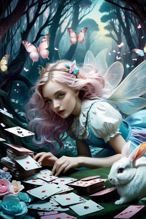 Pastel colors palette, bathed in dreamy soft pastel hues, || Bold illustration, charlie bowater and Gediminas Pranckevicius and victo ngai, surreal fantasy illustration, realistic proportions, complex composition, linework, decorative elements, vector painting, highly detailed, digital illustration, artstation, beautiful, wholesome, nostalgia, high quality || "alice in wonderland by arthur rackham, following the white rabbit, flying cards, falling into wonderland" | impossible dream, pastelpunk aesthetic fantasycore art, vibrant soft pastel colors,eyes shoot,NIJI STYLE