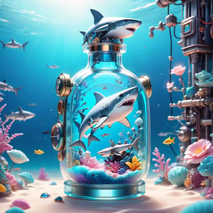 Pastel color palette, in dreamy soft pastel hues, pastelcore, pop surrealism poster illustration ||  Close up of a stunning crystal clear glass bottle with tiny Perfectly crafted Delicate robotic (robot shark:1.5) amongst water and sapphires", complex 3d render ultra detailed of a beautiful porcelain robot bird, robotic parts, beautiful studio soft light, rim light, vibrant details, cyberpunk, hyperrealistic, cable electric wires, microchip, breathtaking fantasycore by Android Jones, Jean Baptiste Monge, Alberto Seveso, Erin Hanson, Jeremy Mann. maximalist highly detailed intricate professional photography, masterpiece, 8k resolution concept art, Artstation, cool colors, Unreal Engine 5, cgsociety, octane photograph || bright hazy pastel colors, whimsical, impossible dream, pastelpunk aesthetic fantasycore art, beautiful soft pastel colors