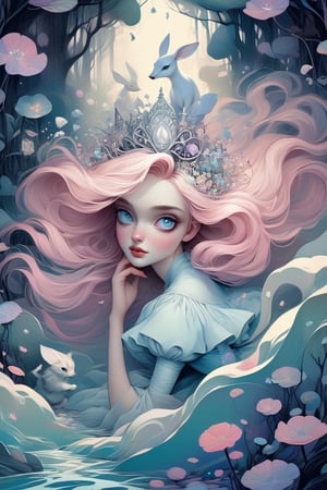 Pastel colors palette, bathed in dreamy soft pastel hues, || Bold illustration, charlie bowater and Gediminas Pranckevicius and victo ngai, surreal fantasy illustration, realistic proportions, complex composition, linework, decorative elements, vector painting, highly detailed, digital illustration, artstation, beautiful, wholesome, nostalgia, high quality || "alice in wonderland by arthur rackham, following the white rabbit, flying cards, falling into wonderland" | impossible dream, pastelpunk aesthetic fantasycore art, vibrant soft pastel colors,eyes shoot,more detail XL,niji style