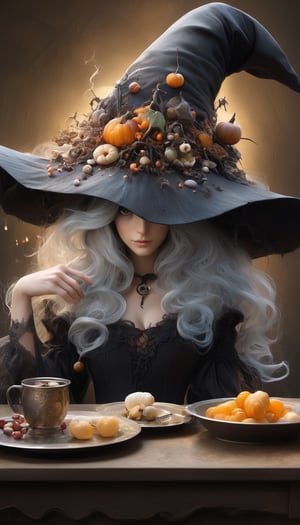 a witch brewing a potion in a alchemy lab!!!, wearing an inkycapwitchyhat with a dripping brim!! Prominent mushroom-style-gills under the brim, sharp focus,Decora_SWstyle, gilled-brim, extra wide hat brim, lace detailed sexy dress, holding a smoking potion bottle, stylized smoke, magical glow in mystical fog, herbs hanging to dry, colorful bioluminescence potion bottles carefully arranged on a shelf, scrolls books and knick-knacks, owl perched over the top shelf, mystical mood, atmospheric perspective, soft cinematic light, sharp focus, intricate and complex masterpiece, cgsociety and artstation award-winning concept art style