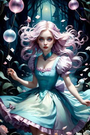 Pastel colors palette, bathed in dreamy soft pastel hues, || Bold illustration, charlie bowater and Gediminas Pranckevicius and victo ngai, surreal fantasy illustration, realistic proportions, complex composition, linework, decorative elements, vector painting, highly detailed, digital illustration, artstation, beautiful, wholesome, nostalgia, high quality || "alice in wonderland by arthur rackham, following the white rabbit, flying cards, falling into wonderland" | impossible dream, pastelpunk aesthetic fantasycore art, vibrant soft pastel colors,eyes shoot,more detail XL