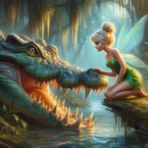 Beautiful tiny fairy tinkerbell petting a large scary startled crocodile on the nose by Raymond Swanland :: Anna Dittmann :: Anne Stokes :: Greg Olsen :: photorealistic :: hyperdetailed :: vibrant deep colors, mangrove swamp, neverland, magical