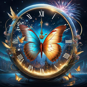 New years countdown, renewal, happy new year 2024, fresh start, time passing, surreal image of a people breaking free from a timepiece cocoon shell, emerging into a new world and/or a new form. The cocoon the shell could be made of various materials or objects, such as books, clocks, timepieces, flowers, wires, etc. The new world or the new form could be fantastical or futuristic, such as a butterfly, a bird, a dragon, a cyborg, etc.. in the background fireworks and champagne bubbles and other new years motifs emerge, ((nicolas delort and yoshitaka amano and dan mumford and jeff koons)), cel-shaded, clean and sharp, gorgeous linework, by Ivan Bilibin and peter mohrbacher, anna dittman and james jean character design, digital illustration, awesome background, 8k , Mysterious, trending on Artstation, || the anticipation and excitement leading up to the stroke of midnight on New Year's Eve perfectly captured forever, Award-winning brilliant stunning