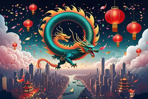 A chinesedragon flying over a city, the dragon is dissolving into confetti as it flies high over the city, emphasize the beautiful winding shape of the dragon and it’s movement, above clouds and floating lanterns, falling glitter, new years, beautiful and ethereal, surrealism digital illustration, gorgeous linework, fluid movement 