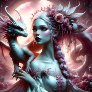 Porcelain dragonwoman with, pink hair with braids, lots of flowers on her head, white skin with heavy makeup extremely ghostly white, psychedelic background, soft, dreamlike, surrealism, intricate details, 3D rendering, octane rendering. Nicoletta Ceccoli style. Decora_SWstyle,PetDragon2024xl