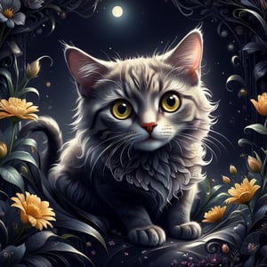 Kitten, Strange cute quantum Creatures, big shiny eyes, happy, playful, 2D, floral background, dark background, By Felix Colgrave, Watercolor, trending on artstation, sharp focus, studio photo, intricate details, highly detailed, by cgsociety,Decora_SWstyle