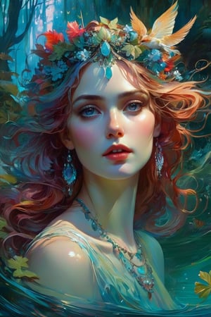 (Slavic water spirit) rusalka in water; Ben Bauchau, Michael Garmash, Daniel F Gerhartz, Clint Cearley, Carne Griffiths, Jean Baptiste Monge, Alphonse Mucha, dreamy moonlighting, matte background, volumetric lighting, pulp adventure style, fluid acrylic, dynamic gradients, bold color, highly detailed, simple, smooth and clean vector curves, no jagged lines, vector art, smooth, johan grenier, character design, 3d shadowing, fanbox, cinematic, ornate motifs, elegant organic framing, hyperrealism, posterized, masterpiece collection, bright lush colors, TXAA, penumbra, alcohol paint, wet gouache,Girl