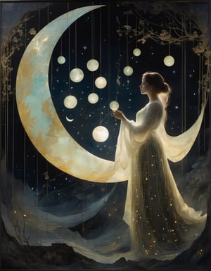  A woman using a string to hang the moon in the sky,  by Anastazja Markowicz, Yoann Lossel, Iren Horrors, Peter Lippmann, Abigail Larson, Henri Fantin-Latour,  beautiful ethereal mathematical phosphorescent fluorescent transcendental, mixed media, textured painting,Decora_SWstyle