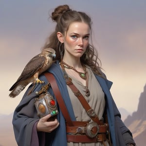 A fantasy character concept portrait of a human wizard woman with pale complexion, subtle freckles, mousy brown messy long hair pulled back in a low messy bun, ((face reminiscent of  Jacqueline Bisset)), clever grey eyes, skeptical annoyed condescending expression, worn and layered traveling wizard clothing in earthy colors adorned with various colorful magical trinkets, a spellbook and potion vials attached to her belt, and a magical red-tailed hawk perched on her shoulder. The background is detailed, with a captivating composition and color, blending fantasy and realism 