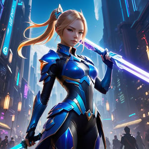 Video game girl in a high collared scifi suit, glowing plasma sword, team of video game characters, by Ross Tran and Claire wendling, Chris sanders and Anna dittmann, vargas, character design, exaggerated curves, alluring, provocative pose, digital illustration, Gil elvgren, cgsociety, cinema 4d, radiant, beautiful, airbrush art, pixiv polycount art, league of legends, genshin impact (detailed matte painting, deep color, fantastical, intricate detail, splash screen, complementary colors, fantasy concept art, 8k resolution trending on Artstation Unreal Engine 5:0.9)