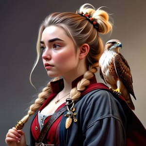 A character concept portrait of a human wizard woman with pale complexion, mousy messy long hair pulled back in a low messy bun, ((face reminiscent of  florence pugh)), clever grey eyes, skeptical annoyed condescending expression, worn and layered traveling wizard clothing adorned with various magical trinkets, a spellbook and potion vials attached to her belt, and a magical red-tailed hawk perched on her shoulder. The background is detailed, with a captivating composition and color, blending fantasy and realism 