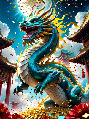 Falling confetti, A beautiful Chinese dragon rising into the celestial sky, confetti, chinese new year, stars above with clouds below, Clint Cearley, Daarken, Jeremy Mann, hyper-detailed, hyperrealistic, digital art, detailed background, epic, cinematic, vibrant saturated colours, divine light, cyan, white, yellow, fantastical, dreamy, ethereal