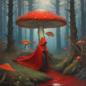 Rebecca guay and android jones and van gogh, A small critter in the forest in the rain both shielding herself under a large red caped mushroom, arthur rackham, cyril rolando