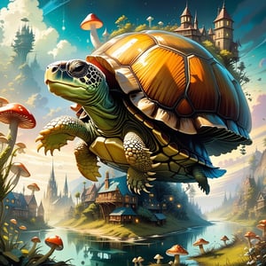 Some pixies!! 🧚🧚‍♀️ Are flying towards a "tortoise!🐢 with a miniature fairy_mushroom_city_village🍄🏙️ sitting on its shell"!!, giant turtle above the clouds, breathtaking borderland fantasycore artwork by Android Jones, Jean Baptiste monge, Alberto Seveso, Erin Hanson, Jeremy Mann. maximalist highly detailed and intricate professional_photography, a masterpiece, 8k resolution concept art, Artstation, triadic colors, Unreal Engine 5, cgsociety, adorable surreal fantasy