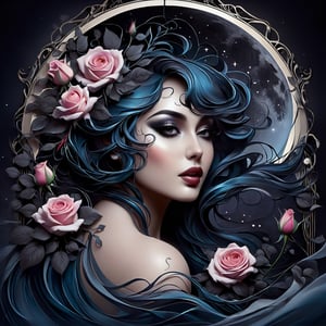 Gothic fairytale, paint flow, elegant, haloed by the moon, roses, swirling lines, abstraction, conceptual, realistic face, beautiful, Decora_SWstyle