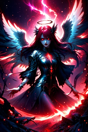 create fallen archangel,detailed angel wins, bloodlust, red glowy eyes, eerie, creepy, nightmarish, very bright colors, light particles, wallpaper art, cosmic energy,high detailed,Decora_SWstyle