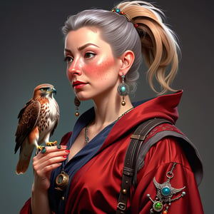 A character concept portrait of a human wizard woman with pale complexion, freckles, slightly mousy messy long hair pulled back in a low bun or ponytail, face shape reminiscent of Rita Moreno, clever grey eyes, skeptical annoyed condescending expression, worn and layered traveling wizard clothing adorned with various magical trinkets, a spellbook and potion vials attached to her belt, and a magical red-tailed hawk perched on her shoulder. The background is detailed, with a captivating composition and color, blending fantasy and realism 