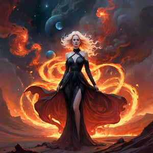 Hyperrealistic digital storybook-inspired illustration, fire & flame theme, girl in a gown made of flames and wispy smoke, on a desolate planet, drenched hair, horror fantasy anime visual. galaxy with planets. over the shoulder look. Looking at us, Full body view, natural movement and pose, liquid fire, lois van baarle, abigail larson, raymond swanland, dark art by james jean, sam_weber_illustration, charles angrand, emotional portrait of betrayal and revenge, stylized illustration in 2.5d, hauntingly beautiful art, animation keyframe, metal album cover,Decora_SWstyle
