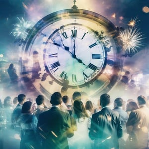 Double exposure of a group new years celebration overlaid over a clockface, layered, transparencies, double exposure style, collage digital photo illustration