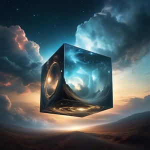 Bosch-style , a translucent cube traps eerie clouds, the starsscape warps, time distorts, surrealism reigns,stars,Glowing,sparkling