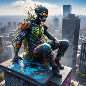 Dissolving person (made of graffiti:1.4) sitting on the top of a skyscraper, tendrils of dissolving paint coming off of them, paint drops dissolving, graffiti dissolving, made of living graffiti, by Nychos, digital painting masterpiece, energy, rich color, artstation, unreal engine 5, fine details, detailed brushwork, 8k, clean image, contrast and depth, atmospheric perspective, reflections, chiaroscuro