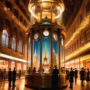 Inside a glass clock on New Year's Eve, a group of people are joyfully raising their glasses to toast champagne. The miniature cities of NYC and Paris are meticulously crafted within the glass enclosure, adding a charming whimsy to the scene. The image, captured in a photograph, showcases an exquisite attention to detail. Each individual in the group wears elegant attire, their expressions filled with anticipation and merriment. The clock's transparency allows the viewer to appreciate the intricate miniature architecture of both cities, creating a vibrant and enchanting atmosphere. The image's impeccable clarity and vibrant colors make it a visually stunning depiction of a festive celebration., nostalgic, happy, love, mtg artists, da vinci, photorealistic concept art, expressive, dynamic, unreal engine, greg rutkowski, loish, rhads, beeple, makoto shinkai and lois van baarle, ilya kuvshinov, rossdraws, tom bagshaw, alphonse mucha, global illumination, detailed and intricate environment