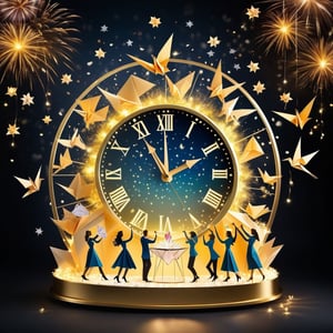 New years countdown clock with origami scenes surrounding it, passing time, new years celebration, people toasting champagne, beauty and memory and love and laughter and light