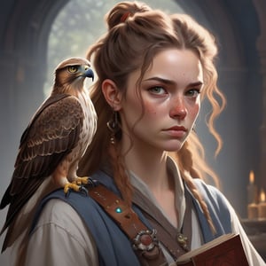 A fantasy character concept portrait of a human wizard woman with pale complexion, subtle freckles, mousy brown messy long hair pulled back in a low messy bun, ((face reminiscent of sarah_hyland)), clever grey eyes, skeptical annoyed condescending expression, worn and layered traveling wizard clothing adorned with various magical trinkets, a spellbook and potion vials attached to her belt, and a magical red-tailed hawk perched on her shoulder. The background is detailed, with a captivating composition and color, blending fantasy and realism 