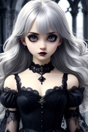 1girl, solo, long hair, bangs, silvery blonde hair, fine hair dress, black lace, upper body, black eyes, grey eyes, goth person, black painted nails, catholicpunk goth aesthetic, intricate accessories, mysterious background setting, hidden secrets, is she a villain?, Decora_SWstyle,real_booster