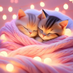 I want to paint a warm, soft, 

two cute small pastel cats, chubby,  
sleeping in wool blanket,
sleep, smile, dreaming,
cozy picture that I can feel in warm bedroom,  cushions, blankets, scarf, and so on. 
many heart lights, heart toy, ball of yarn,

dreamy, pastel-toned, romantic, warm, fantasy, mellow, soft, cozy, moist, morning light,

Silke Leffler, Gabriel Pacheco, Chihiro Iwasaki, Oliver Jeffers, captivating